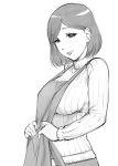  1girl apron breasts large_breasts lips looking_at_viewer monochrome naughty_face raised_eyebrows ribbed_sweater shinken-zemi short_hair smile solo sweater turtleneck turtleneck_sweater ueyama_michirou zemi_mama 