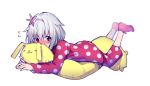  1boy blush body_pillow flower flying_sweatdrops hair_flower hair_intakes hair_ornament original pajamas pillow pillow_hug polka_dot red_eyes socks solo trap white_background white_hair yohane_bonaventura 