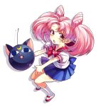  1girl bishoujo_senshi_sailor_moon chibi_usa crescent heart highres looking_at_viewer luna-p open_mouth pink_hair red_eyes school_uniform simple_background skirt solo twintails white_background yamako_(artist) 
