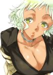  1girl breasts cleavage dark_skin english green_hair jewelry katou_haruaki large_breasts looking_at_viewer necklace parted_lips raised_eyebrows short_hair simple_background solo white_background yellow_eyes 