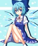  1girl ahoge blue_eyes blue_hair bow cirno hair_bow ice ice_wings naba_(take_tonbo) panties pantyshot pantyshot_(sitting) sitting solo touhou underwear white_panties wings 