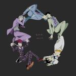  5boys absurdres black_hair bowler_hat circle_formation dated formal fuku_45 grey_background hat highres jojo_no_kimyou_na_bouken jojolion kira_yoshikage kira_yoshikage_(jojolion) multiple_boys multiple_persona necktie sailor simple_background suit 