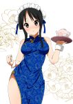  1girl akiyama_mio bare_shoulders black_eyes black_hair blush breasts bun_cover china_dress chinese_clothes cup double_bun k-on! large_breasts looking_at_viewer ragho_no_erika solo teacup teapot tray wrist_cuffs 