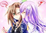  2girls aqua_eyes brown_hair bust cellphone choujigen_game_neptune choujigen_game_neptune_mk2 closed_eyes hair_ornament heart if_(choujigen_game_neptune) jacket kemoyuri lavender_hair long_hair multiple_girls nepgear phone school_uniform serafuku wink yuri 