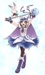  1girl :d alternate_costume arms_up black_legwear blue_eyes boots brown_hair dress gloves gyakuten_saiban gyakuten_saiban_4 hat highres knee_boots naruhodou_minuki necktie open_mouth pantyhose short_hair smile snowflakes solo standing tonica_(haruhira) top_hat wand 