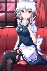  1girl black_legwear braid crossed_legs highres izayoi_sakuya knife maid_apron maid_headdress moon naba_(take_tonbo) red_eyes red_moon silver_hair solo thighhighs touhou twin_braids 