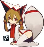  1girl all_fours bare_shoulders brown_hair dress hood kitsune_(kazenouta) long_hair looking_at_viewer original red_eyes smile solo tail thighhighs twintails white_legwear 