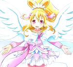  1girl aida_mana angel_wings backlighting blonde_hair bow cape choker cure_heart cure_heart_parthenon_mode dokidoki!_precure hair_ornament half_updo heart_hair_ornament kemoribon long_hair magical_girl no_nose pink_eyes ponytail precure ribbon skirt smile solo white_background white_wings wings 
