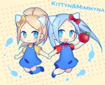  2girls :3 animal_ears apple blonde_hair blue_dress blue_eyes blue_hair cat_ears dress food fruit hair_ornament hair_ribbon hairclip hello_kitty holding_hands idun&amp;idunna kaki_s kittyn&amp;mimmyna long_hair looking_at_viewer multiple_girls open_mouth ponytail puzzle_&amp;_dragons ribbon smile whiskers 