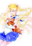  1girl bishoujo_senshi_sailor_moon blonde_hair blue_dress blue_eyes bow brooch choker double_bun dress elbow_gloves gloves hair_ornament hairpin jewelry long_hair magical_girl moon_stick pleated_skirt ribbon sailor_collar sailor_moon skirt smile solo tenma_ako tiara tsukino_usagi twintails white_background white_gloves 