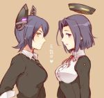  2girls checkered_necktie headgear kantai_collection looking_at_viewer mechanical_halo multiple_girls open_mouth personification purple_hair ribbon short_hair tatsuta_(kantai_collection) tenryuu_(kantai_collection) violet_eyes yellow_eyes zagu_(grape_garden) 