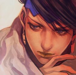  1boy black_hair blue_eyes earrings headband jewelry jojo_no_kimyou_na_bouken kishibe_rohan lips pen realistic solo tegaki uko_(moi08) 