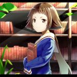  1girl book brown_eyes brown_hair letterboxed library long_hair looking_at_viewer mikakunin_de_shinkoukei mitsumine_mashiro school_uniform sleeves_past_wrists smile solo tomitayaki 