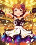  1girl :d artist_request audience blush bow bracelet brown_eyes brown_hair confetti dress formal gloves hair_ornament hairclip idolmaster idolmaster_million_live! jewelry kasuga_mirai official_art open_mouth skirt smile solo 