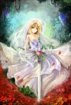  1girl absurdres ahoge blonde_hair blue_eyes bridal_veil bride caliburn dress elbow_gloves fate/stay_night fate_(series) gloves highres planted_sword planted_weapon saber solo summercards sword veil weapon wedding_dress 