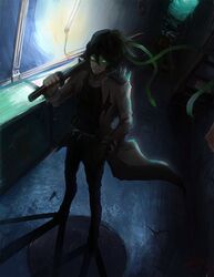  1boy bass386 character_request coat crossover darkness green_hair hand_in_pocket highres kill_la_kill male mask over_shoulder pants sanageyama_uzu smile spikes sword teenage_mutant_ninja_turtles weapon 