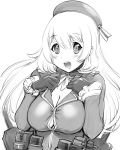  1girl atago_(kantai_collection) beret blush breasts bust cleavage gloves hat kantai_collection large_breasts long_hair monochrome open_mouth smile solo ueyama_michirou 