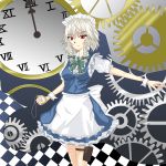  1girl bow braid clock hair_bow highres izayoi_sakuya maid_apron maid_headdress naba_(take_tonbo) red_eyes silver_hair solo touhou twin_braids 