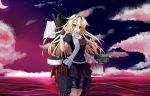  1girl blonde_hair bow cannon cloudy_sky crescent_moon fingerless_gloves gloves hair_bow hair_ornament hairclip kantai_collection long_hair machinery messy_hair moon open_mouth personification red_eyes scarf school_uniform serafuku skirt sky solo star_(sky) starry_sky thigh_strap toid310 turret wavy_mouth yuudachi_(kantai_collection) 