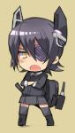  1girl chibi crossed_arms eyepatch headgear kantai_collection looking_at_viewer lowres machinery open_mouth personification purple_hair short_hair solo tenryuu_(kantai_collection) thighhighs turret yellow_eyes zagu_(grape_garden) 
