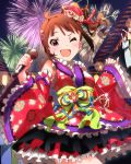  1girl ;d artist_request brown_hair detached_sleeves fireworks hair_ornament idolmaster idolmaster_million_live! japanese_clothes looking_at_viewer microphone musical_note open_mouth side_ponytail smile solo violet_eyes wink yokoyama_nao 