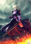  1girl absurdres armor armored_dress blonde_hair dark_excalibur dress fate/stay_night fate_(series) hair_down hair_ribbon highres lawliert long_hair ribbon saber saber_alter solo sword weapon yellow_eyes 