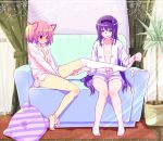  2girls akemi_homura barefoot black_hair blush couch dress_shirt hair_ribbon hairband kaname_madoka long_hair mahou_shoujo_madoka_magica multiple_girls naked_shirt panties panties_around_one_leg pillow pink_hair plant potted_plant red_eyes ribbon shirt short_hair single_thighhigh sitting small_breasts smile tama_two_(fukuya) thighhighs thighhighs_pull thighhighs_removed twintails underwear violet_eyes white_legwear white_panties yuri 