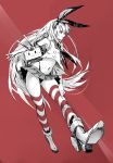  1girl :3 black_panties elbow_gloves gloves hairband highres kantai_collection long_hair madogawa monochrome navel panties personification red_background rensouhou-chan shimakaze_(kantai_collection) sketch skirt socks striped striped_legwear thighhighs underwear 
