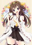  1girl bare_shoulders brown_hair cup detached_sleeves eyelashes happy japanese_clothes kantai_collection kongou_(kantai_collection) kuune_rin long_hair looking_at_viewer open_mouth smile solo standing teacup thighhighs thighs violet_eyes 