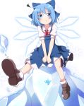  1girl blue_dress blue_eyes blue_hair bored bow cirno do_(4-rt) dress frog frozen hair_bow highres ice ice_block ice_wings kicking looking_at_viewer pout puffy_sleeves shirt short_sleeves sitting solo squiggle touhou v_arms wings 