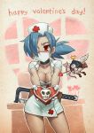  +_+ 1girl artist_request blue_hair blush bomb box breasts choker cleavage cupid dress gift gift_box hat heart mask nurse nurse_cap official_art red_cross red_eyes saw short_dress skull skullgirls solo surgical_mask valentine valentine_(skullgirls) weapon 