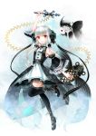  1girl arm_up black_legwear detached_sleeves dress fish flower goldfish grey_hair hair_flower hair_ornament high_heels highres payot red_eyes stari tagme thighhighs 