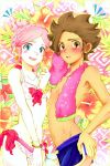  1boy 1girl bikini blue_eyes blush bou_erika bracelet brown_eyes brown_hair earrings flower inazuma_eleven_(series) inazuma_eleven_go inazuma_eleven_go_galaxy jewelry matatagi_hayato nozaki_sakura open_mouth pink_hair shirtless swimsuit towel 