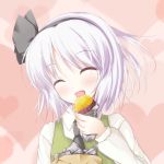  1girl baked_potato bow eating hair_bow hasuga_sea konpaku_youmu short_hair silver_hair smile solo touhou 