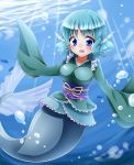  1girl animal_ears blue_eyes blue_hair blush head_fins highres japanese_clothes kimono long_sleeves mermaid monster_girl obi open_mouth sash short_hair smile solo touhou underwater wakasagihime water wide_sleeves 