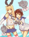  2girls binoculars blonde_hair blush brown_eyes brown_hair closed_eyes gloves headband kantai_collection long_hair multiple_girls navel personification rensouhou-chan shimakaze_(kantai_collection) short_hair skirt striped_legwear thighhighs yukikaze_(kantai_collection) 