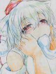  1girl animal_ears bare_shoulders blush colored_pencil_(medium) detached_sleeves eating hands_on_another&#039;s_face hat highres inubashiri_momiji kitazinger mochi red_eyes short_hair solo tokin_hat touhou traditional_media white_hair wolf_ears 