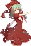  1girl arm_ribbon bow dress front_ponytail green_eyes green_hair hair_bow highres kagiyama_hina looking_at_viewer red_dress short_sleeves shuzi simple_background smile solo touhou white_background 