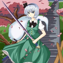  1girl blue_eyes cherry_blossoms hairband hitodama katana konpaku_youmu konpaku_youmu_(ghost) naba_(take_tonbo) petals short_hair silver_hair solo sword touhou weapon 