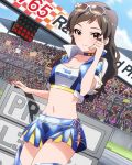  1girl artist_request brown_hair goggles goggles_on_head idolmaster idolmaster_million_live! kitazawa_shiho long_hair midriff official_art racequeen yellow_eyes 
