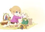  2girls blonde_hair blue_eyes child cup flower food fork k-on! kotobuki_tsumugi macaron multiple_girls saitou_sumire short_hair stuffed_animal stuffed_toy tagme tea teacup teddy_bear younger 