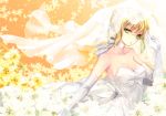  1girl ahoge bare_shoulders blonde_hair bow breasts bridal_veil choker cleavage dress elbow_gloves fate/stay_night fate_(series) flower gloves green_eyes hachini looking_at_viewer orange_background saber solo veil wedding_dress 