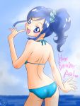  1girl aikatsu! bikini blue_eyes blue_hair from_behind happy_birthday kiriya_aoi looking_back ponytail ruriruri swimsuit 