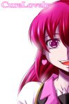  1girl aino_megumi character_name cure_lovely earrings english happinesscharge_precure! highres jewelry long_hair looking_at_viewer magical_girl nishi_koutarou open_mouth pink_eyes pink_hair ponytail precure puffy_sleeves shirt simple_background smile solo white_background 