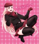  1girl beret blonde_hair blush boots genderswap gloves hat highres holster jacket kisw2010 long_hair metal_gear_solid miniskirt open_mouth paw_pose pleated_skirt red_scarf revolver_ocelot scarf skirt smile solo strap_cleavage thigh_boots thighhighs very_long_hair 