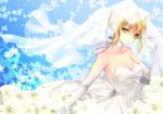  1girl ahoge bare_shoulders blonde_hair blue_background bow breasts bridal_veil choker cleavage dress elbow_gloves fate/stay_night fate_(series) flower gloves green_eyes hachini looking_at_viewer saber solo veil wedding_dress 