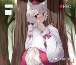  1girl animal_ears blush commentary_request detached_sleeves hammer_(sunset_beach) hat inubashiri_momiji looking_at_viewer looking_back red_eyes short_hair solo tail tokin_hat touhou tree viewfinder white_hair wolf_ears wolf_tail 