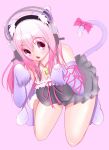  1girl animal_ears bell bell_collar blush breasts cat_ears cat_tail cleavage collar headphones kemonomimi_mode large_breasts long_hair looking_at_viewer nitroplus pink_eyes pink_hair solo super_sonico tail 