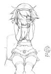  1girl blush breasts cleavage closed_eyes crying hairband kantai_collection midriff monochrome mutsu_(kantai_collection) navel open_mouth rubbing_eyes short_hair sitting solo takayaki tears thighhighs 