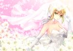  1girl ahoge bare_shoulders blonde_hair bow breasts bridal_veil choker cleavage dress elbow_gloves fate/stay_night fate_(series) flower gloves green_eyes hachini looking_at_viewer pink_background saber solo veil wedding_dress 